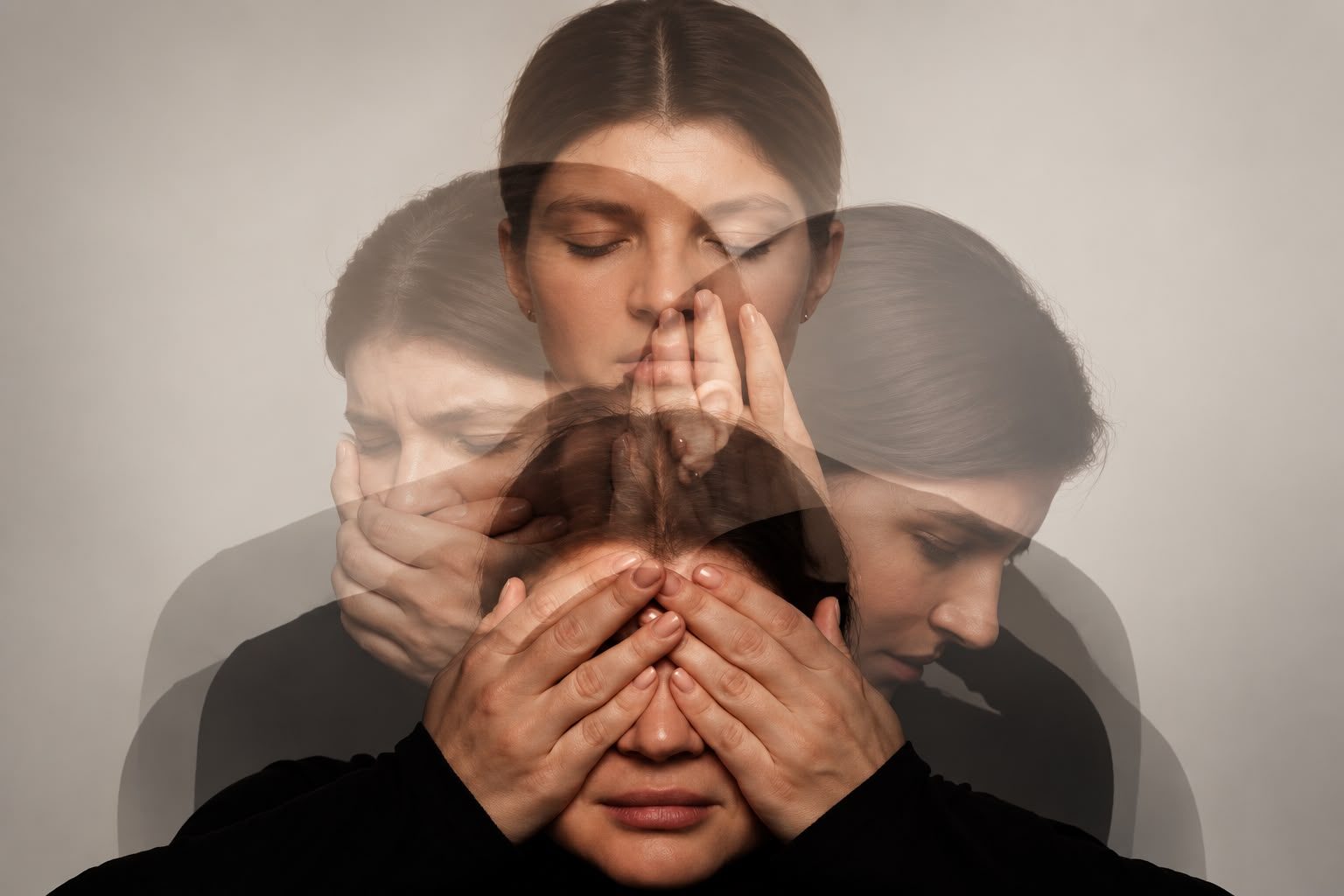 Mulher em momento de sobrecarga emocional e mental, com sobreposição de expressões que representam ansiedade, estresse, cansaço e exaustão psicológica.